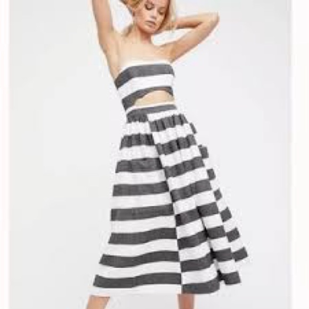 RARE Mara Hoffman Striped Gray and White Cutout Midi Dress NWT